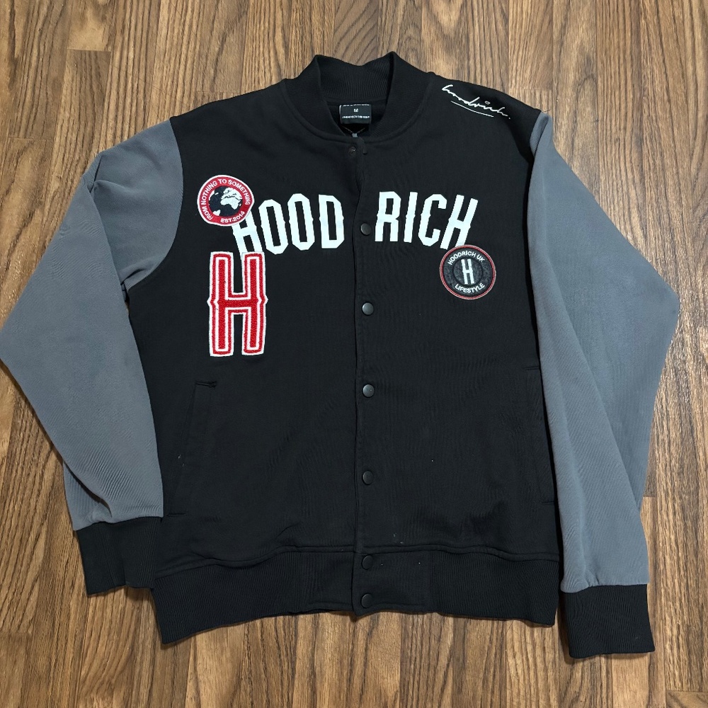 HOOD RICH * Men’s Pacific Black Fleece Full Button Up Varsity Jacket * Size M
